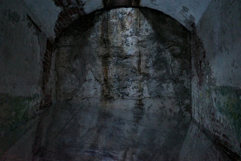 Damp arched masonry wall in a dark cellar